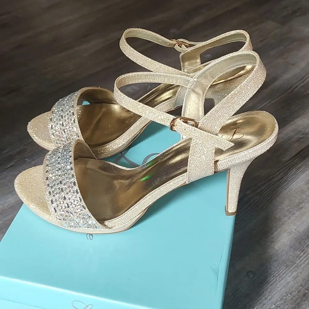 Lauren  Lorraine Lida Nude  gold sequin heels Christmas party wedding Sz 9